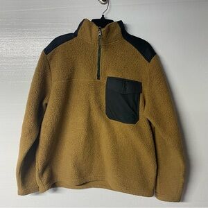 The North Face Men L Teddy Sherpa Jacket Tan Quarter Zip Front Black Pocket Logo